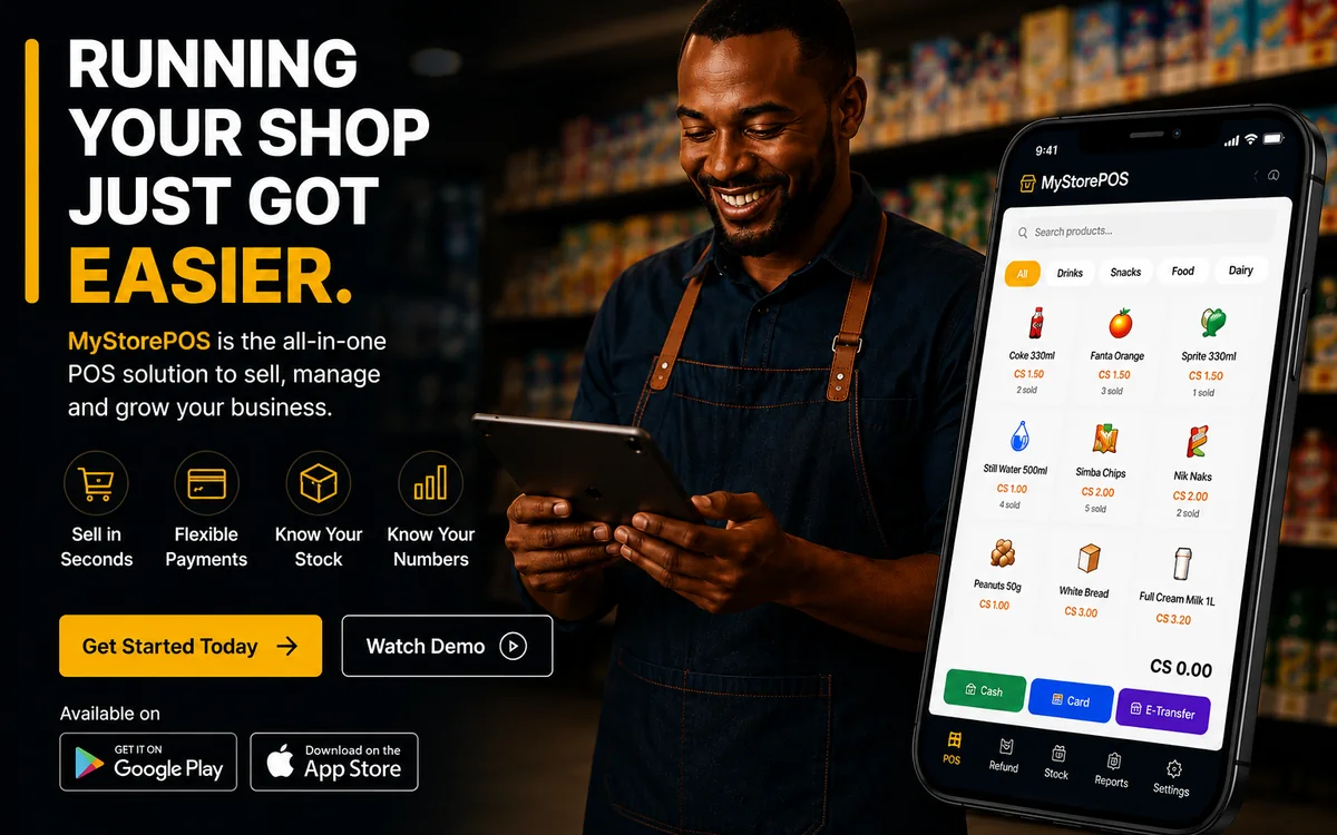 MyStorePOS mobile point-of-sale app on a phone held by a shop owner, showing a product grid with categories and cash, card and e-transfer payment options.