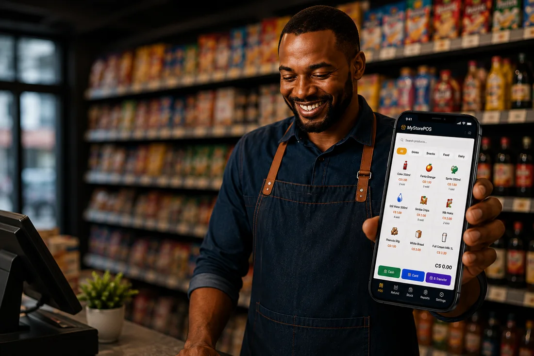 A smiling shop owner in a store holding up a phone that shows the MyStorePOS app with a product grid and payment options.